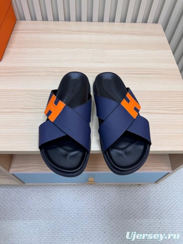 2025 Slippers Hermès Navy Orange Leather Cross Strap