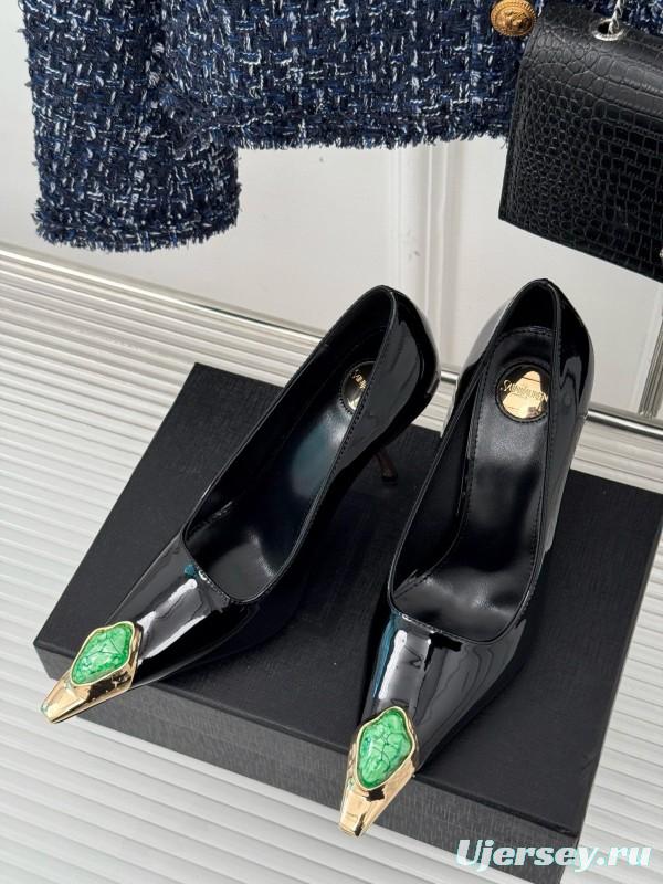 2024 Women Yves Saint Laurent Black Gold Patent Leather High Heels MJ00330