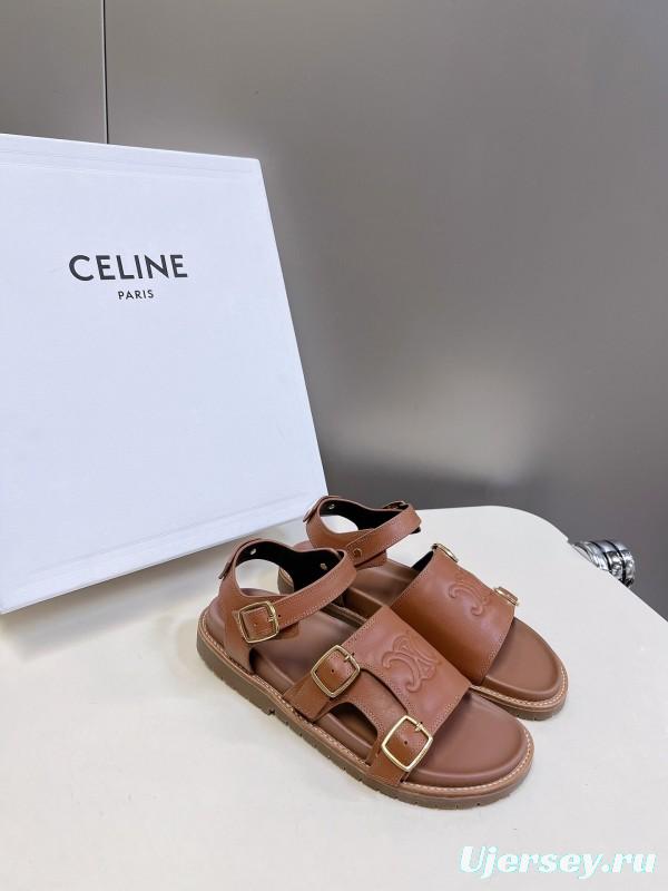 2025 Women Celine Light Brown Leather Sandals KFY00280
