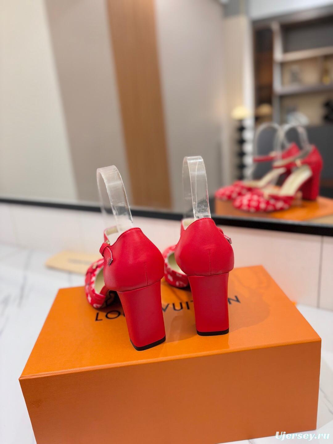 2025 Women Louis Vuitton Red Canvas Leather Heels KFY00310