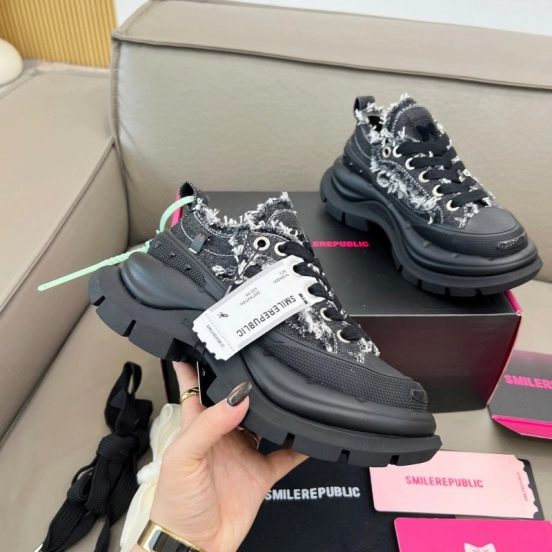 2025 Women SmileRepublic Black Tweed Leather Canvas Chunky Sneakers LY00291