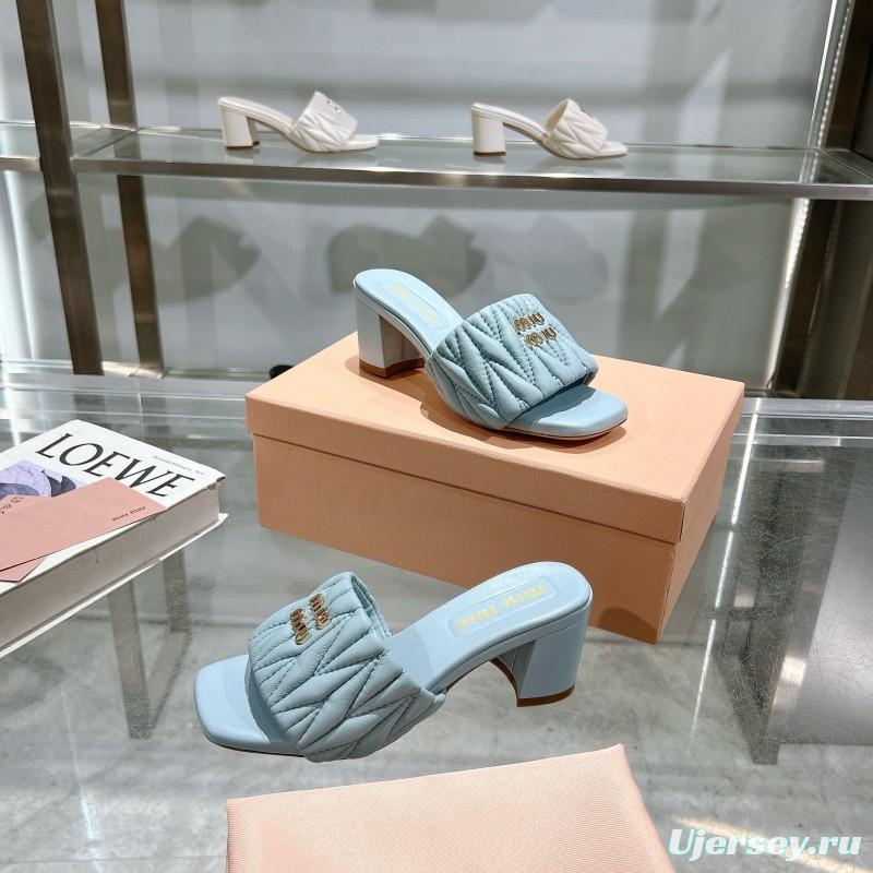 2025 Women Miumiu Light Blue Sheepskin Heeled Sandals