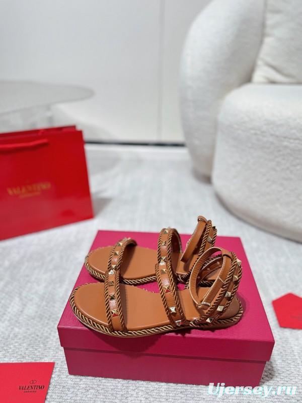2025 Women Valentino Brown Leather Sandals Braided Craftsmanship LY00250