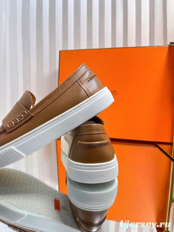 2025 Unisex Hermès Brown Leather Fabric Loafers Slip-On LY00310(F)/LY00320(M)