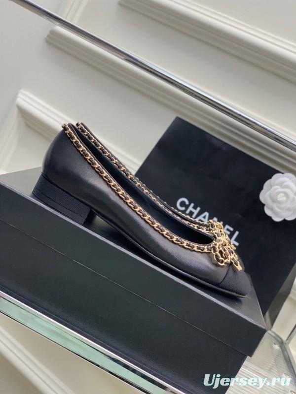 2025 Women Chanel Black Gold Leather Ballet Flats