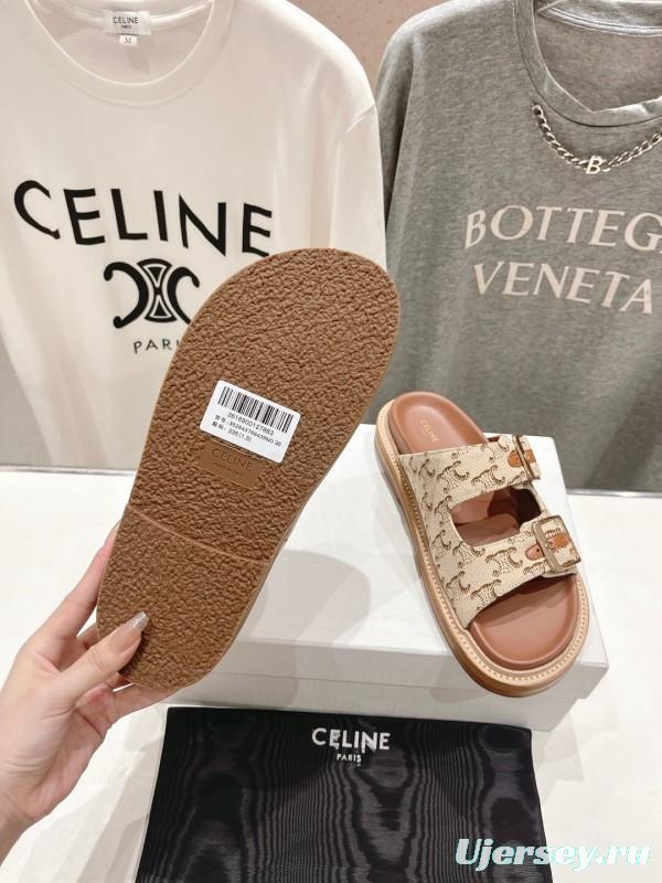 2025 Women Celine Beige Canvas Vintage Style Double Buckle Sandals Handcrafted Unisex LY00360(F)