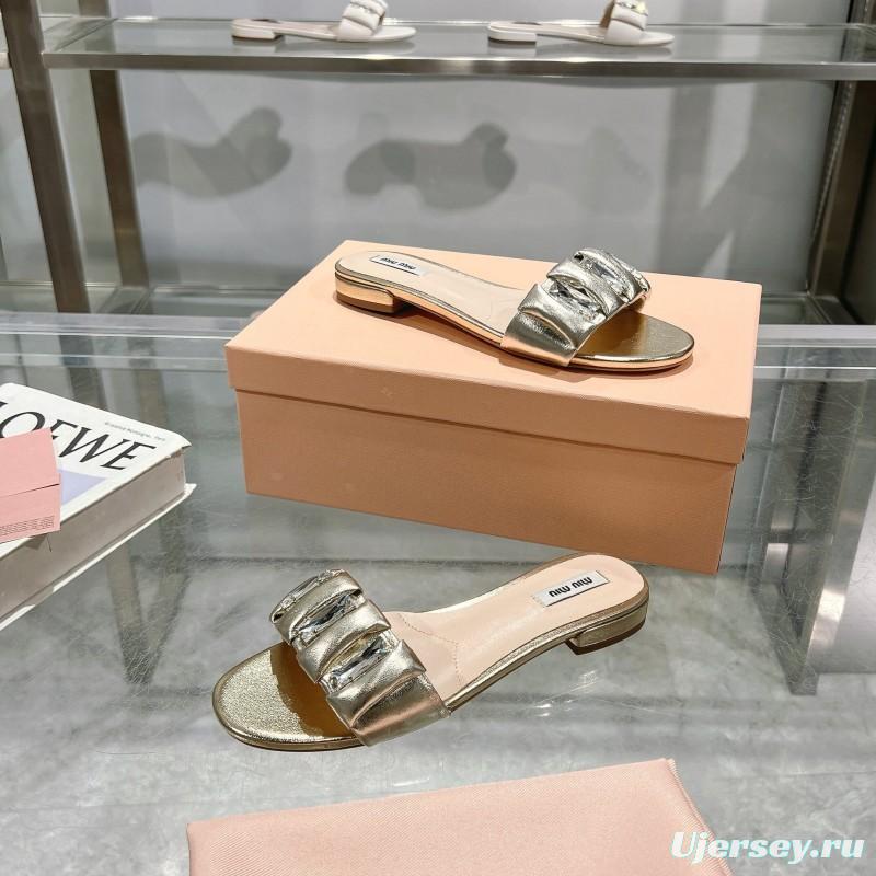 2025 Women Miumiu Metallic Leather Slippers