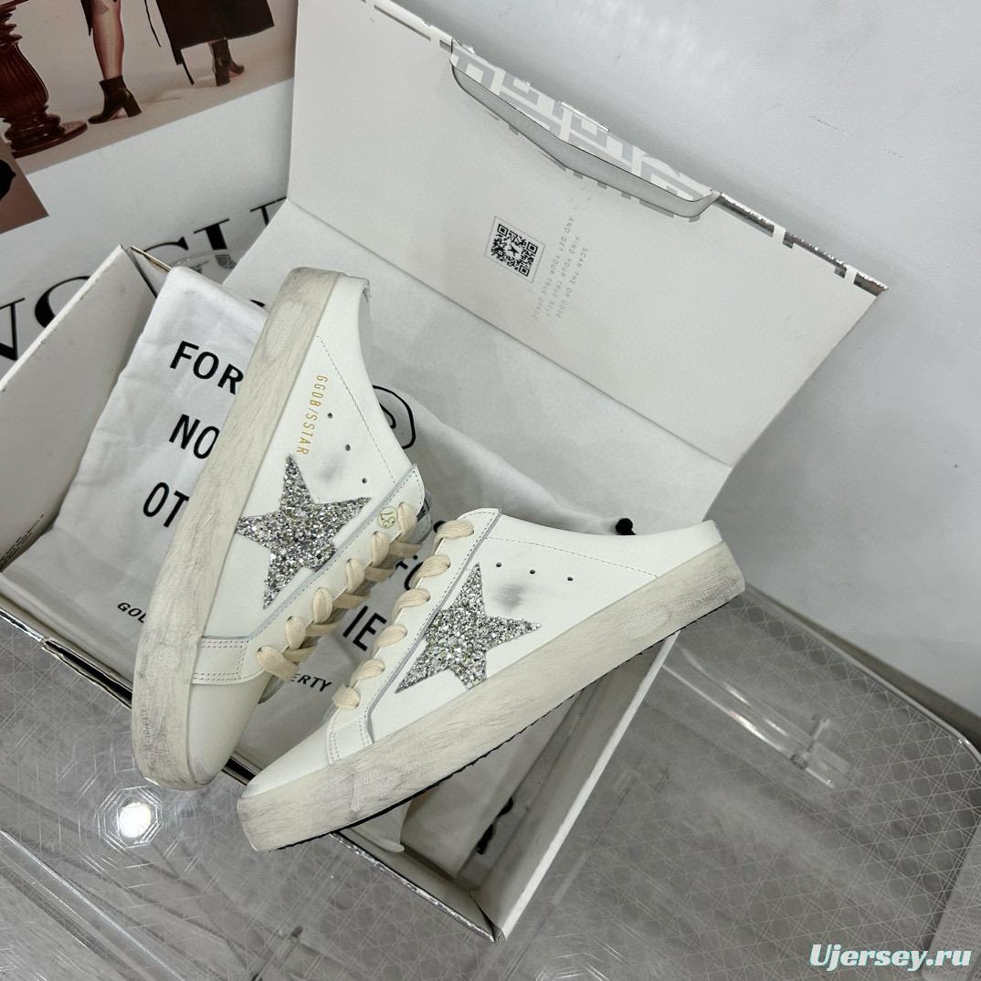 2025 Women GGDB White Silver Leather Suede Star Mules