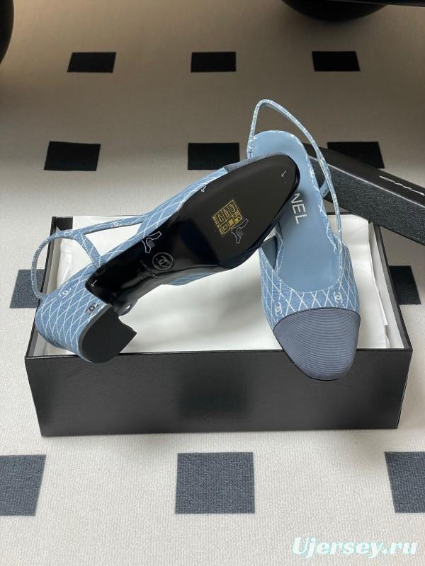 2025 Women Chanel Light Blue Denim Leather Sling-back Heels