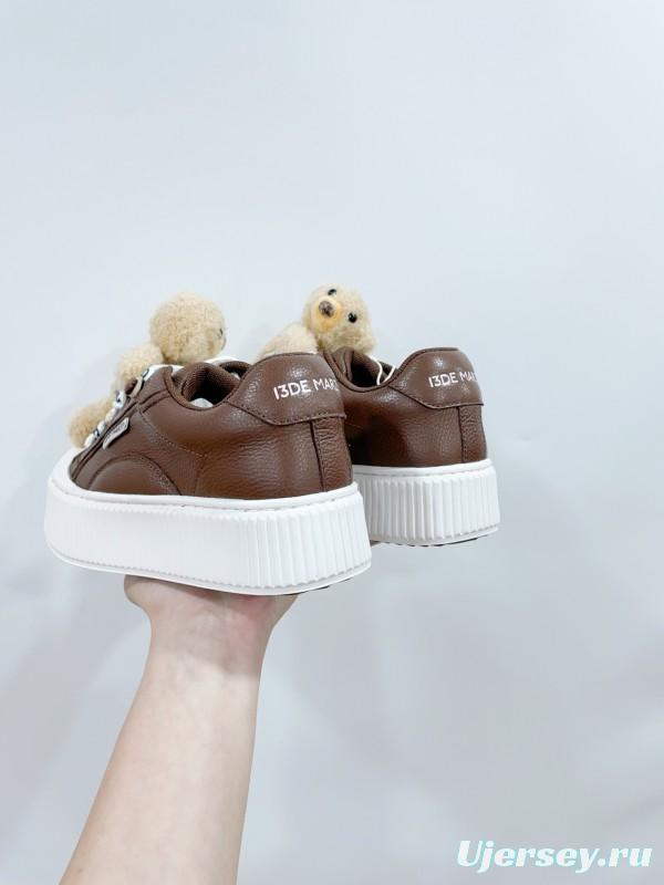2025 Women 13DE MARZO Brown White Leather Plush Toy Sneakers KFY00300