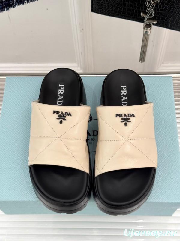 2025 Women Prada Beige Leather Platform Sandals