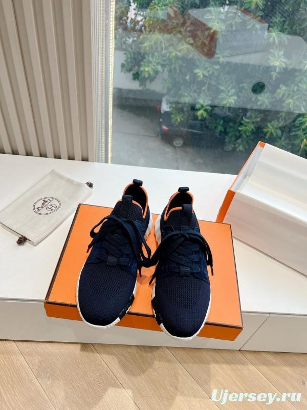 2024 Unisex Hermès爱马仕 Navy Orange White Knit Leather Sneakers MJ00290