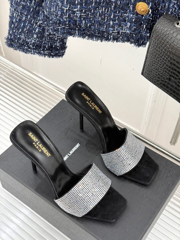 2025 Women Yves Saint Laurent Black Silver Crystal Leather Heeled Slippers LY00300