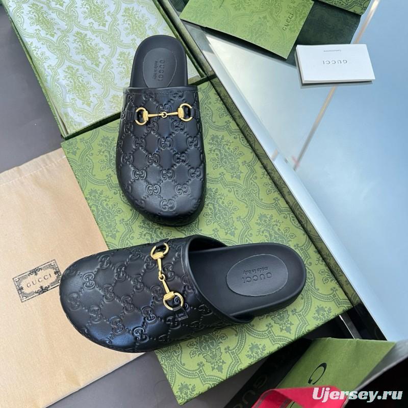 2024 Slippers Gucci Black Leather GG Pattern Horsebit MJ00280