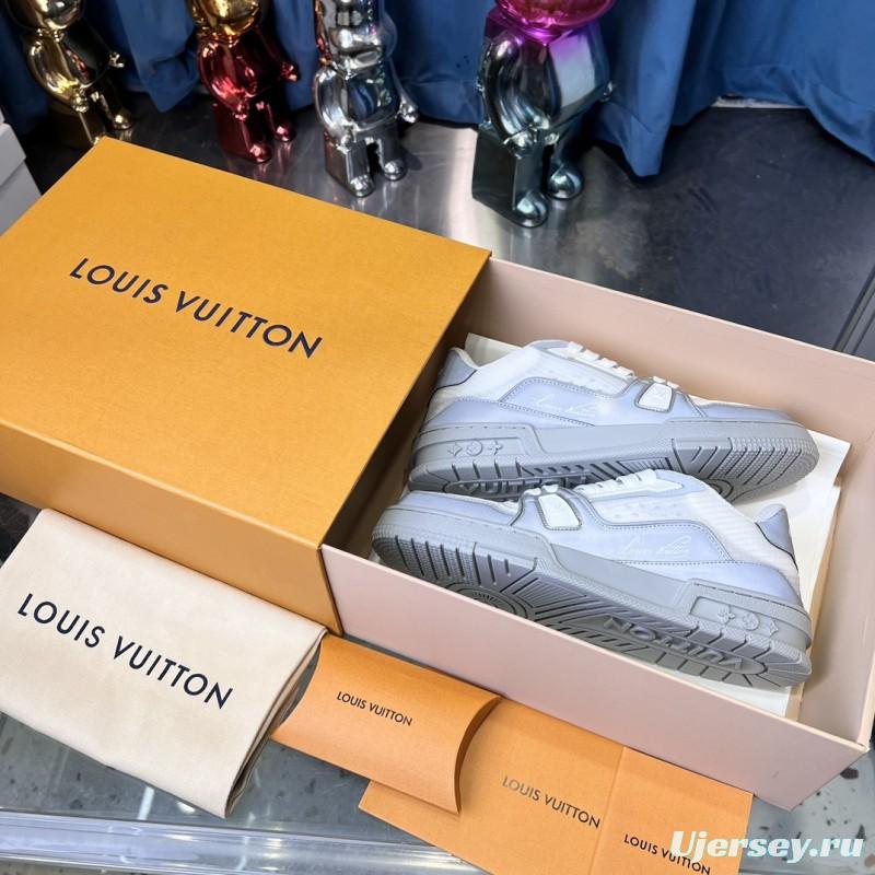 2025 Unisex Louis Vuitton White Light Grey Mesh Leather Trainer