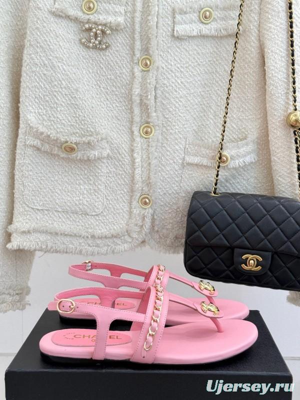 2025 Women Chanel Pink Lambskin Sandals CC Logo KFY00250