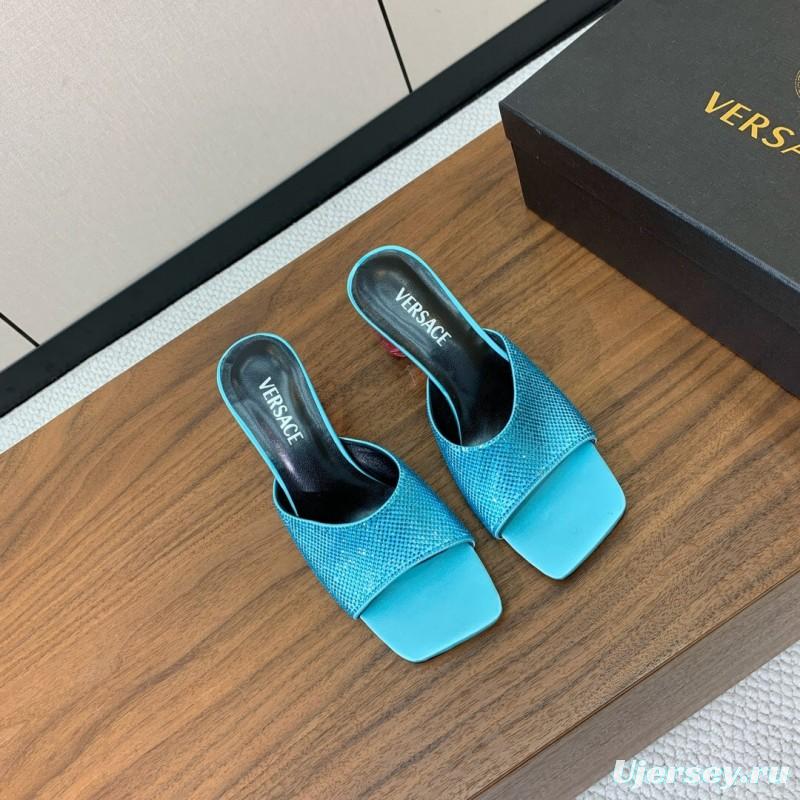 2025 Women VERSACE Blue Leather Slippers