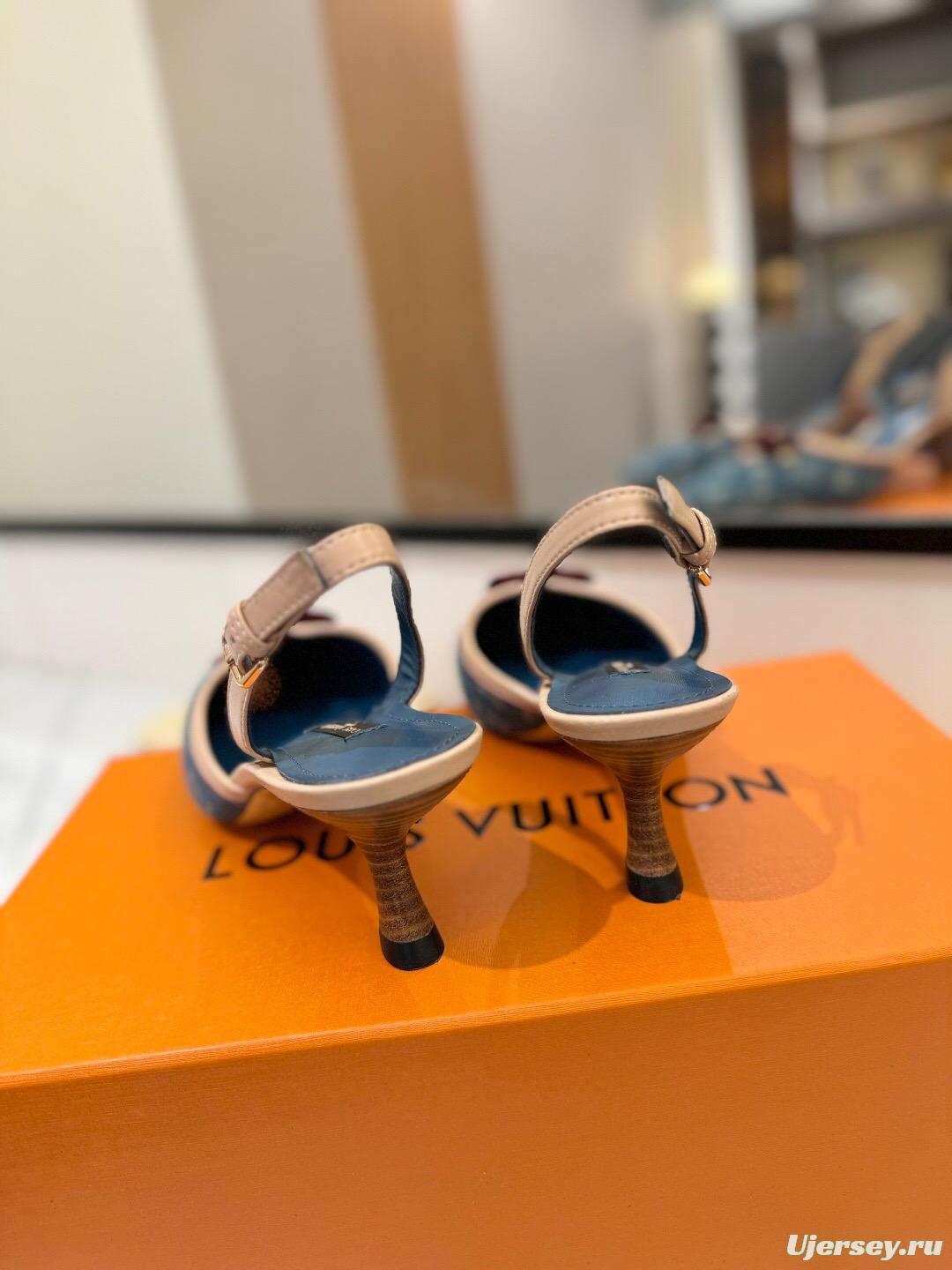 2025 Women Louis Vuitton Blue Denim LV Monogram Leather Sandals Buckle KFY00310