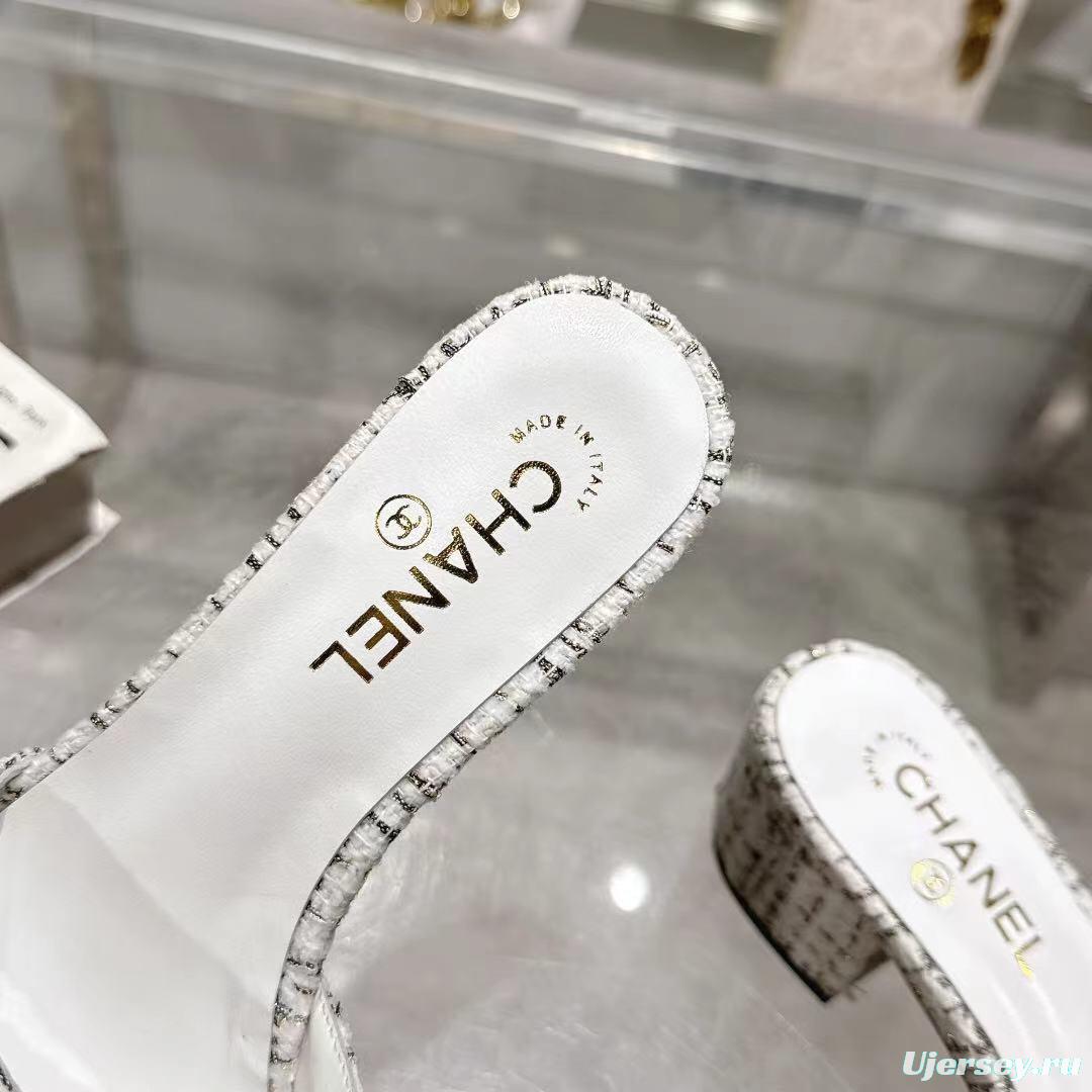 2025 Women Chanel White Black Tweed Slippers LY00280