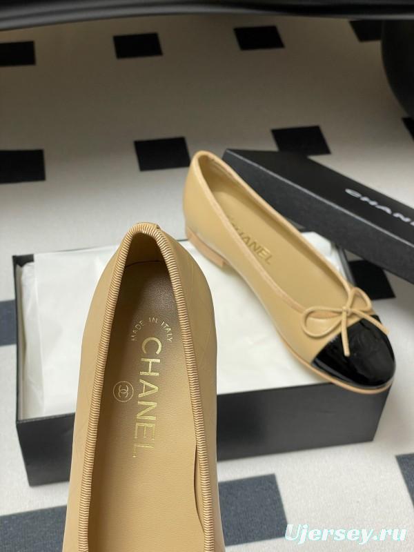 2025 Women Chanel Beige Black Leather Ballet Flat Bow