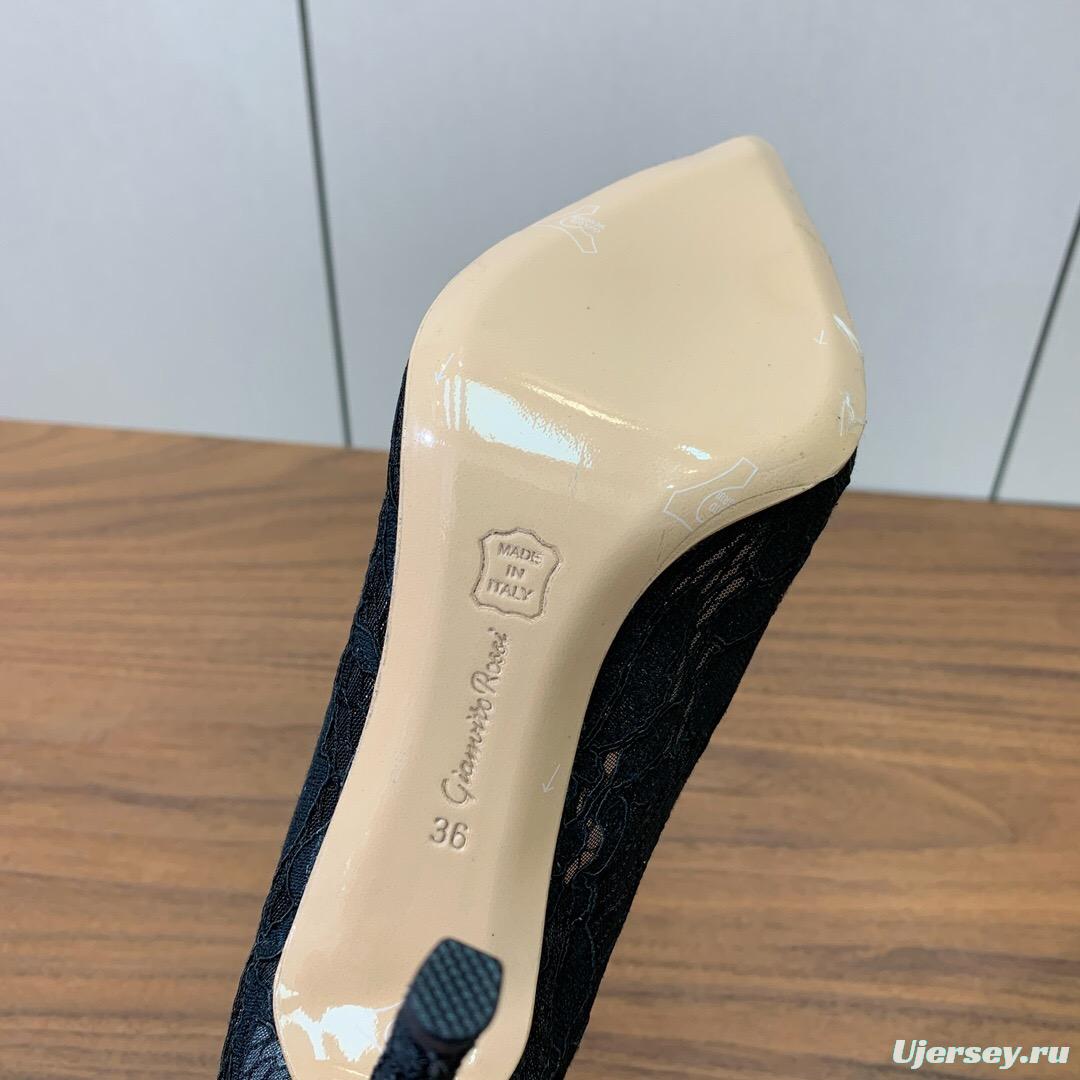 2025 Women Gianvito Rossi Black Lace Leather Pumps KFY00280