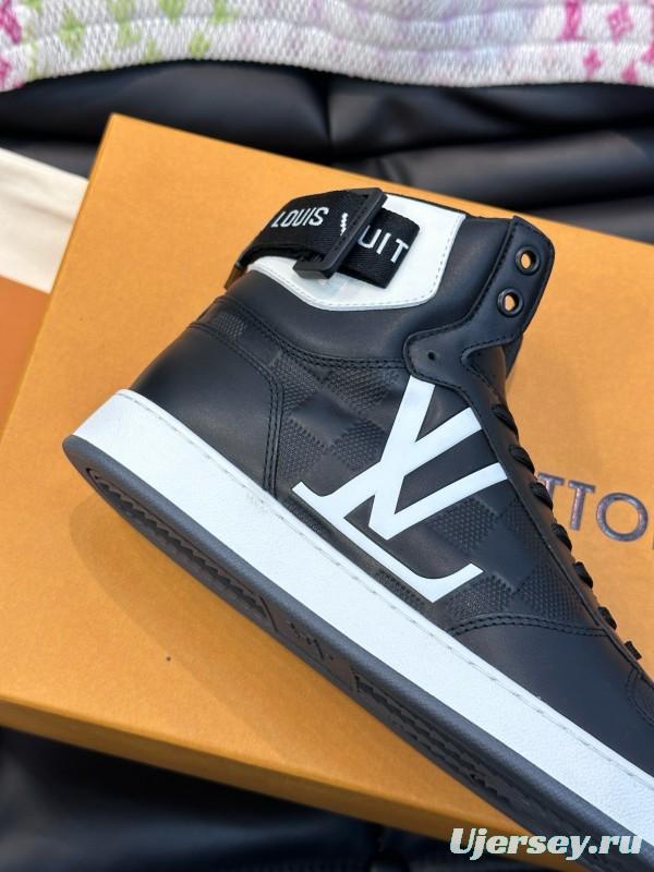 2024 Men Louis Vuitton Black White Leather High-Top Sneakers MJ00420
