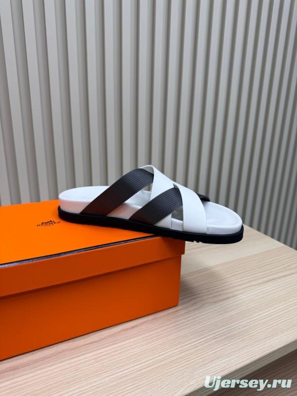 2025 Men Hermès White Black Leather Slippers