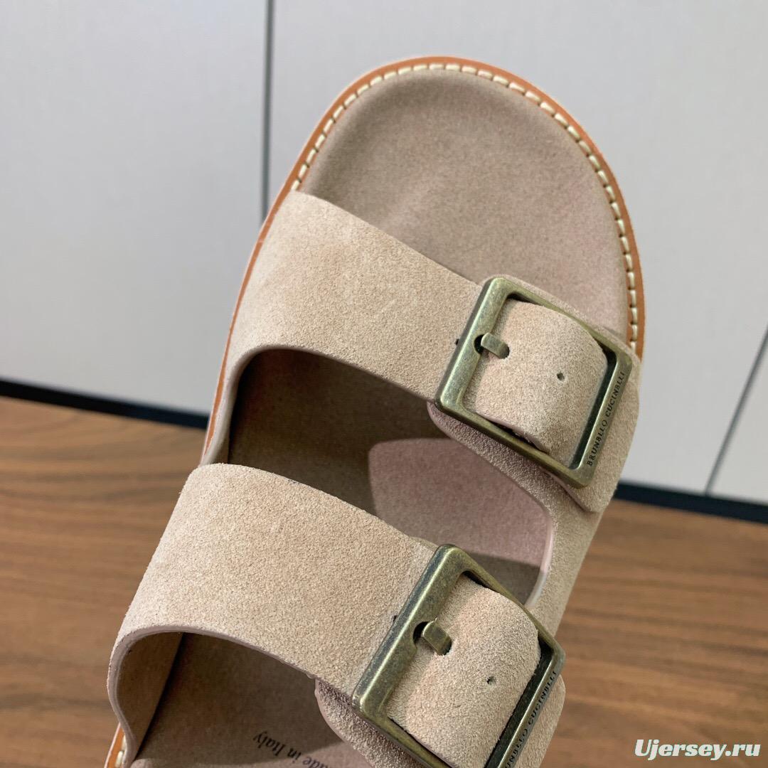 2025 Unisex Brunello Cucinelli Beige Suede Leather Slippers KFY00250