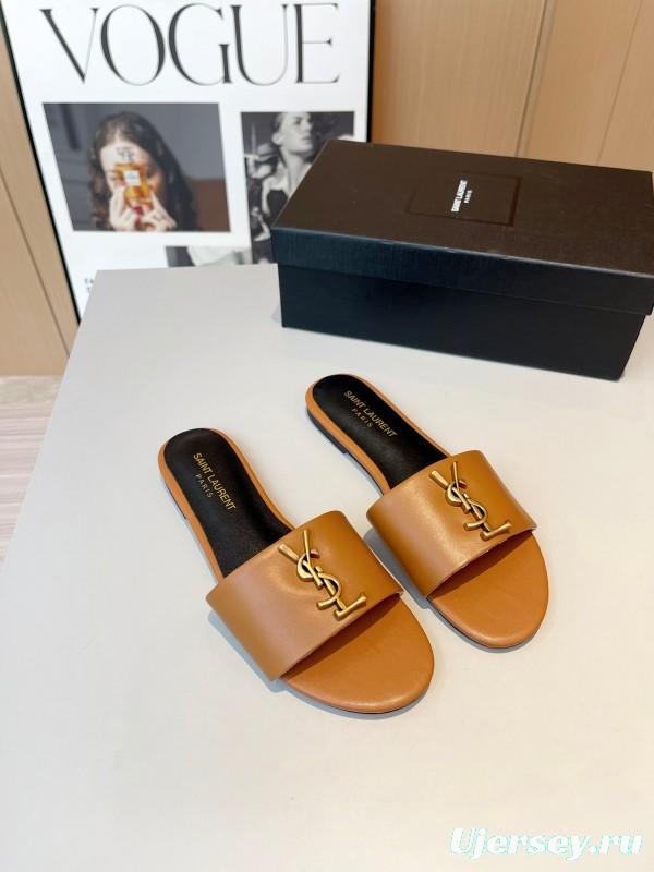 2025 Women Yves Saint Laurent Light Brown Leather Slippers LY00180