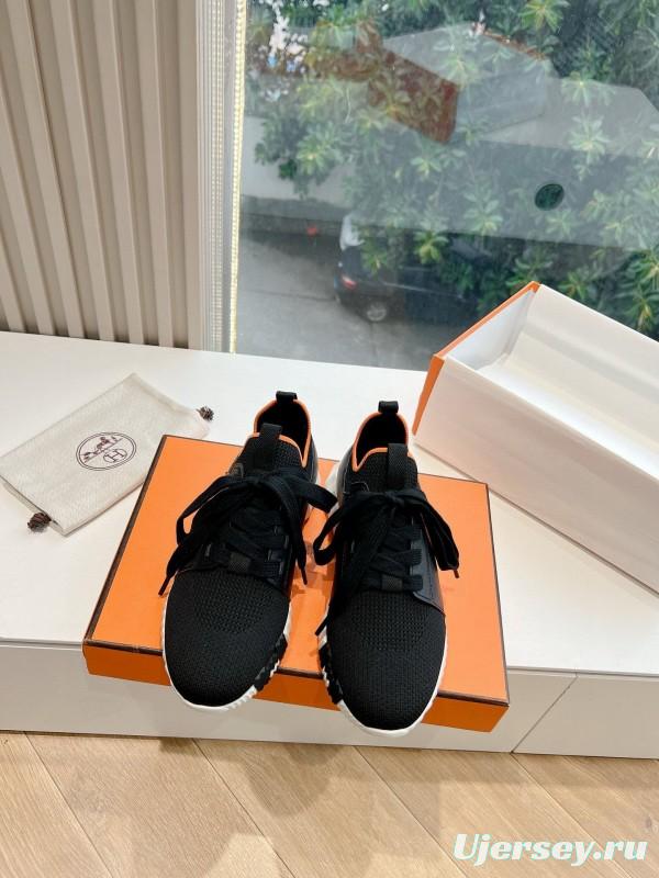 2024 Unisex Hermès Black Orange Knit Sneakers
