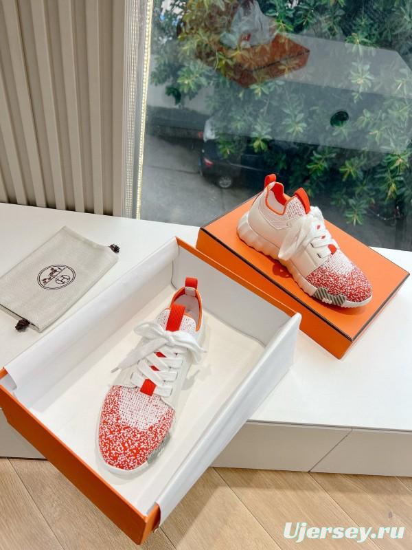 2024 Unisex Hermès white orange leather knit sneakers
