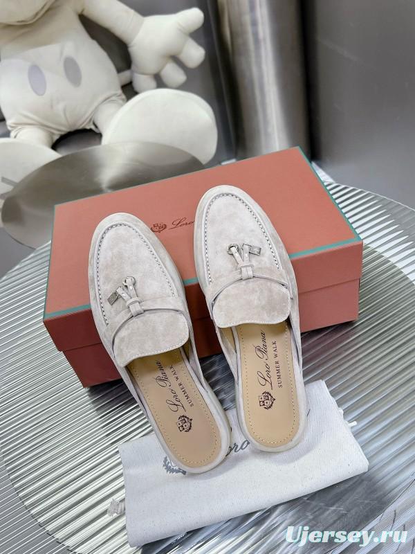 2024 Slippers Loro Piana Light Gray Suede Loafers MJ00270