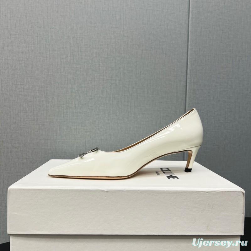 2025 Women Celine White Leather Pointed Toe Kitten Heel KFY00290