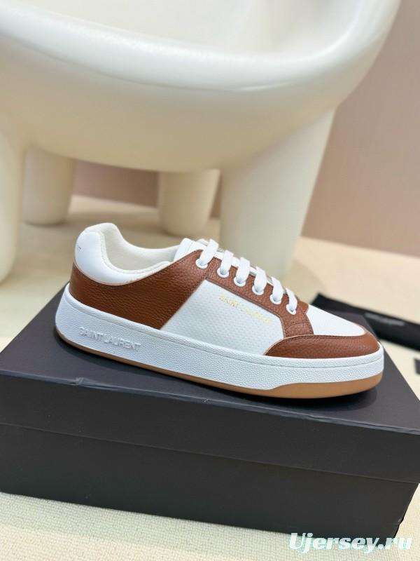 2024 Unisex Yves Saint Laurent White Brown Leather Canvas Sneakers MJ00350