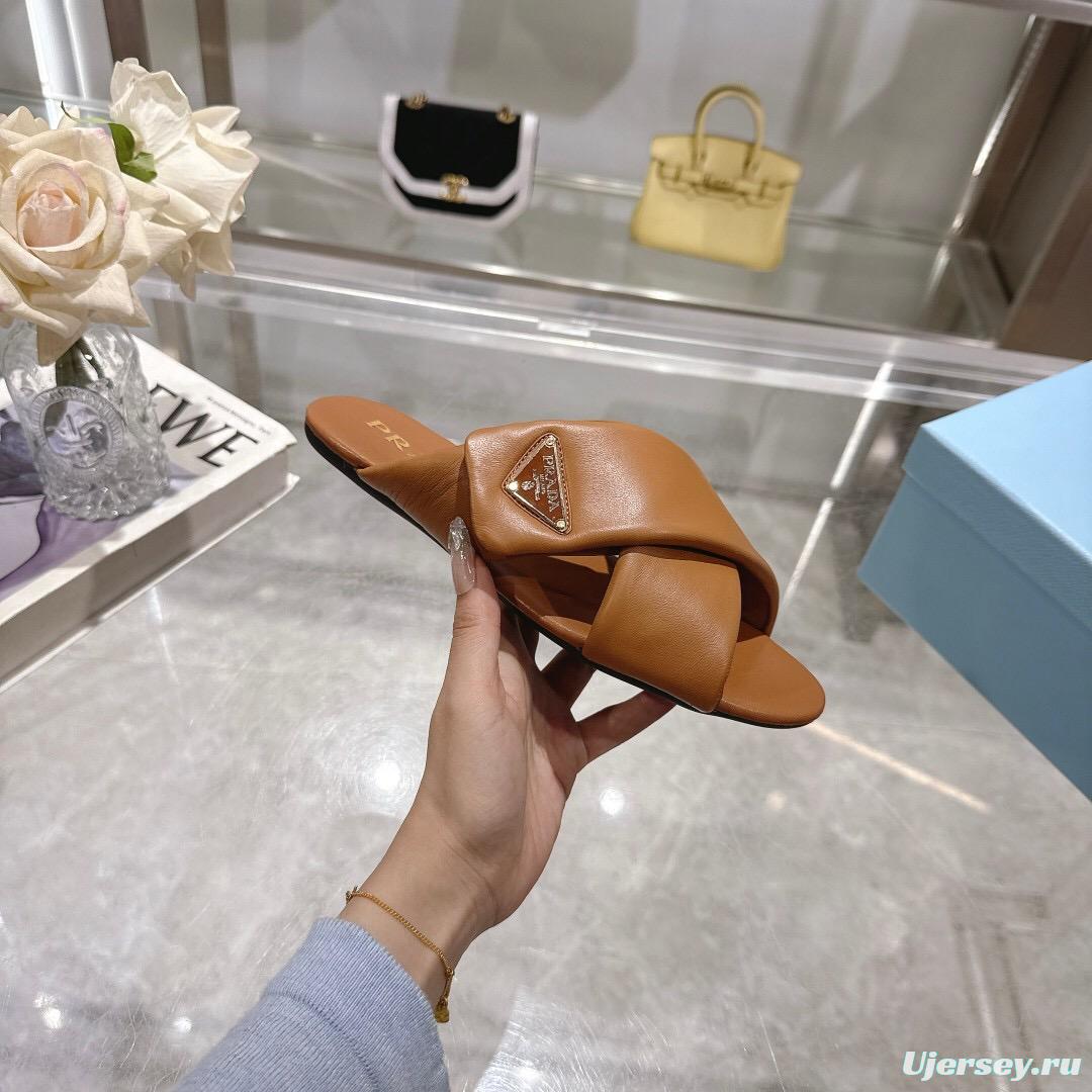 2025 Women Prada Brown Leather Slippers