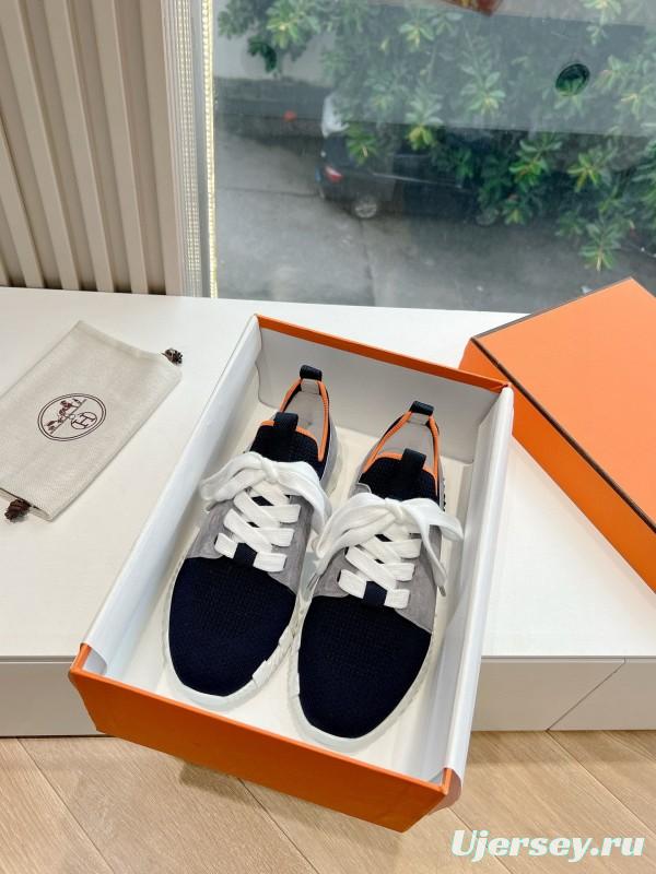 2024 Unisex Hermès blue grey orange knit leather sneakers