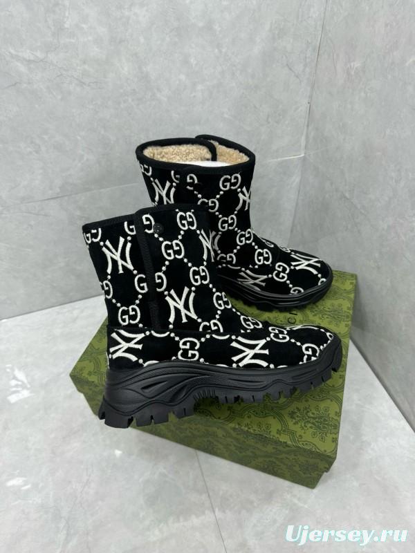 2024 Women Gucci Black White Suede Snow Boots GG NY Embroidery MJ00370