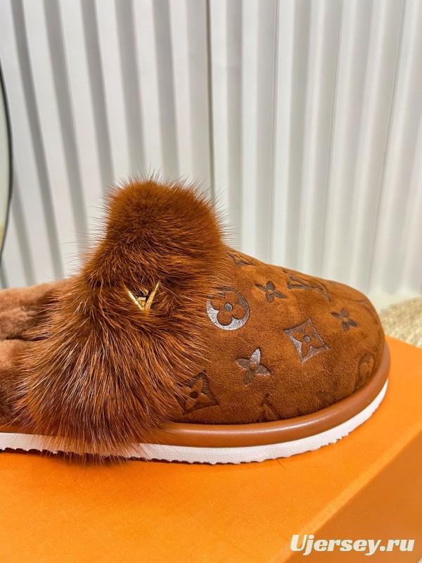 2024 Slippers Louis Vuitton Brown Suede Shearling Slippers MJ00340