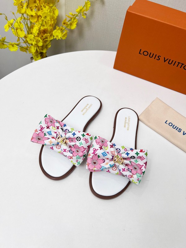 2025 Women Louis Vuitton White Pink Leather Slippers LY00190