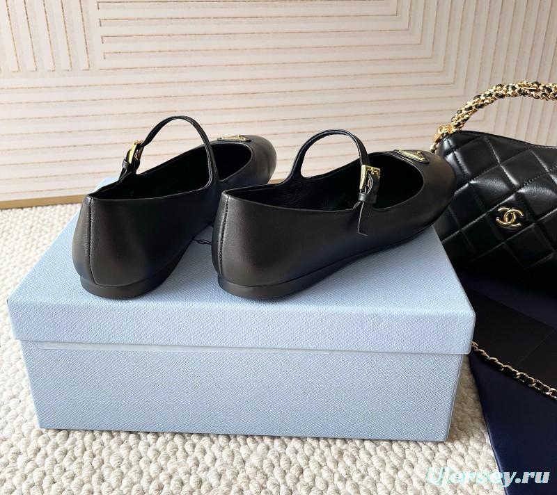 2025 Women Prada Black Leather Mary Jane Flat