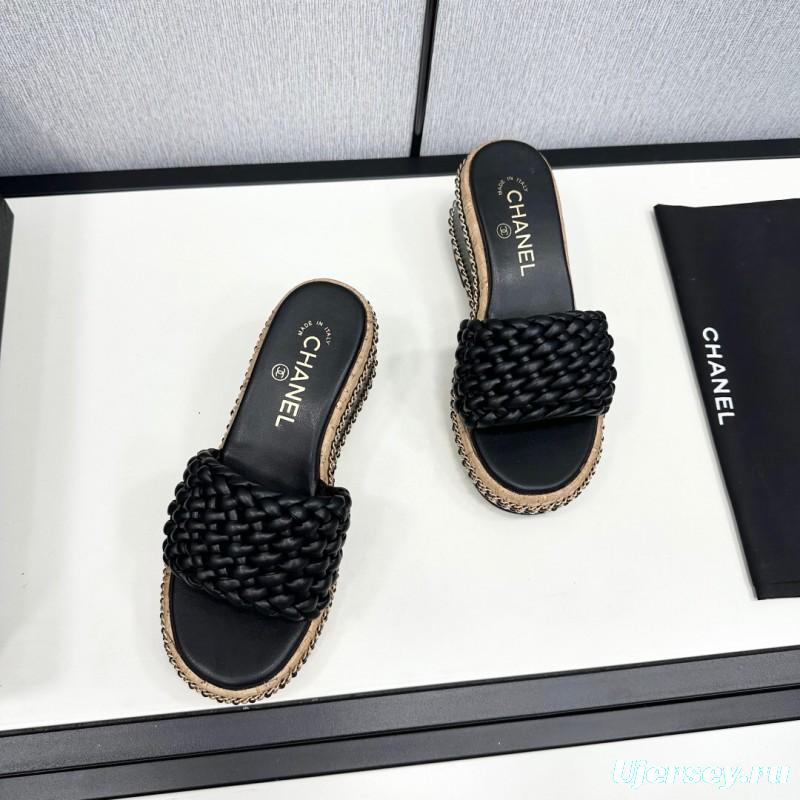 2025 Women Chanel Black Leather Woven Platform Sandals