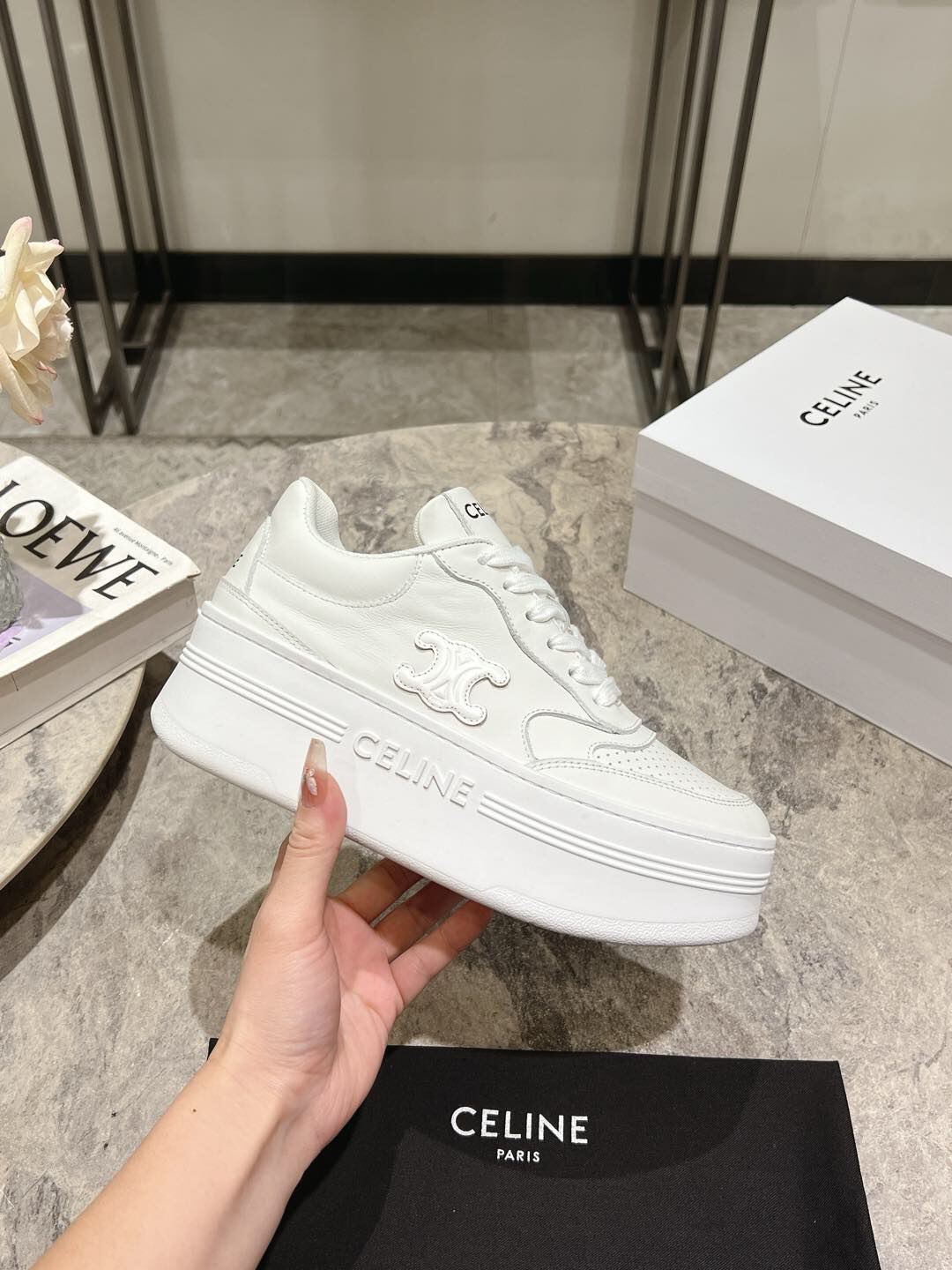 2025 Women Celine White Leather Platform Sneakers