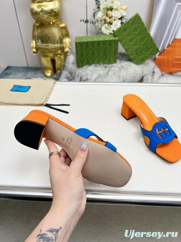 2025 Gucci Orange Blue Leather Slippers