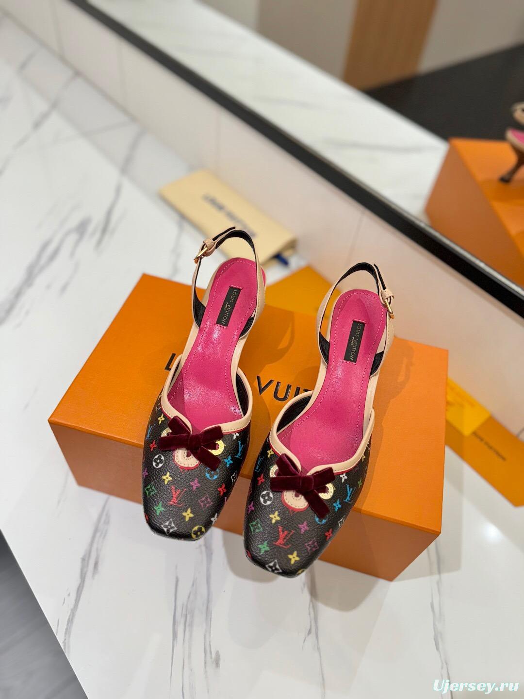 2025 Women Louis Vuitton Multicolor Black Leather Slingback Kitten Heel KFY00310