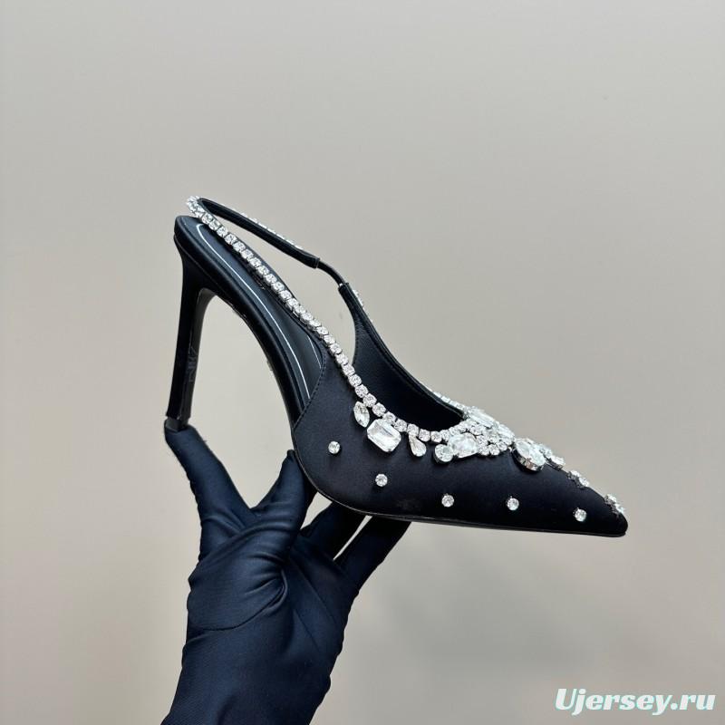 2025 Women Gucci Black Satin Crystal Embellished Slingback Heels