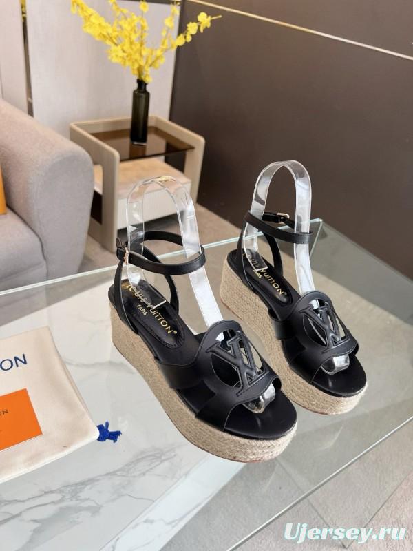 2025 Women Louis Vuitton Black Leather Espadrilles Sandals MJ00280