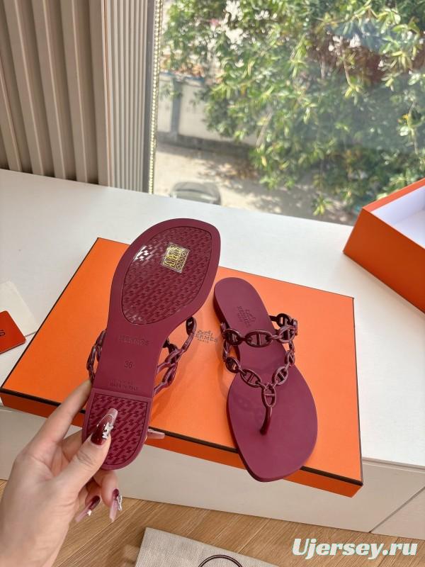 2025 Women Hermès Burgundy Leather Chain Strap Sandals G059 (F)