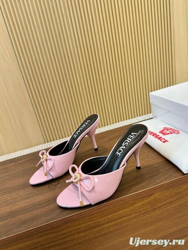 2025 Women VERSACE Pink Leather Heeled Mules LY00210