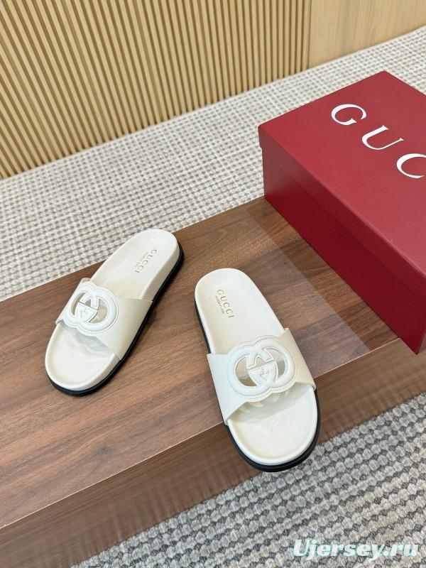 2025 Women Gucci White Leather Slippers GG Logo LY00230