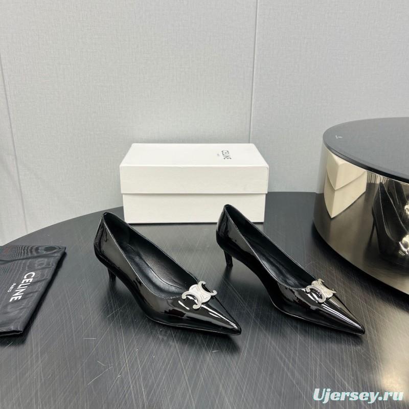 2025 Women Celine Black Patent Leather Pointed Toe Buckle Pumps KFY00290